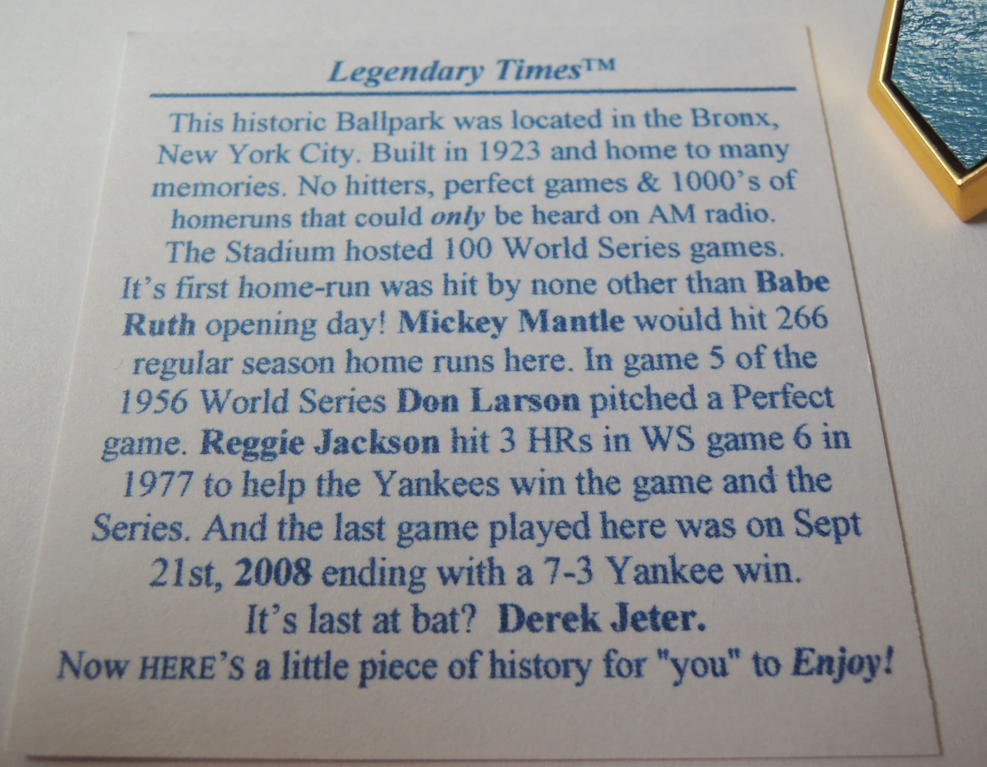 Yankee Stadium Seat Home Plate Lapel Pin Baseball Gift