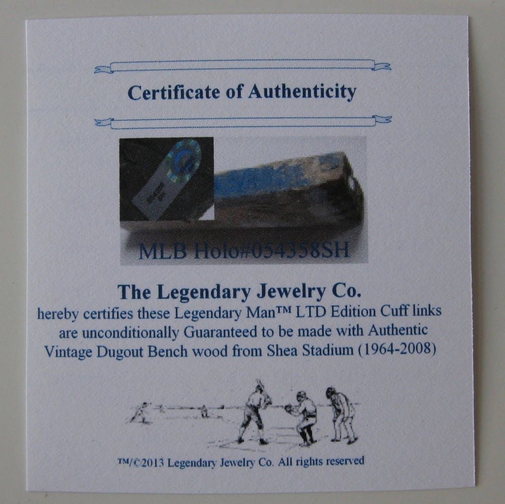 Shea Stadium Mets Cufflinks: Historic Dugout Bench Wood, USA Made