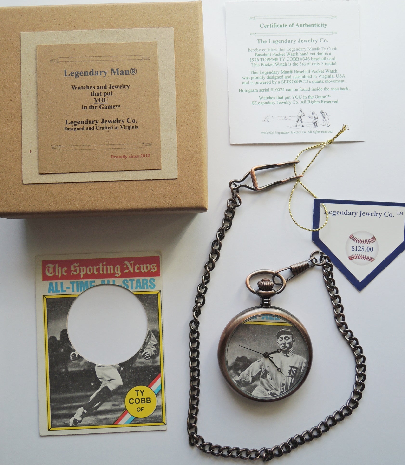 Ty Cobb Baseball pocket watch by Legendary Man, 1973 Topps #346 card dial 3 of 3