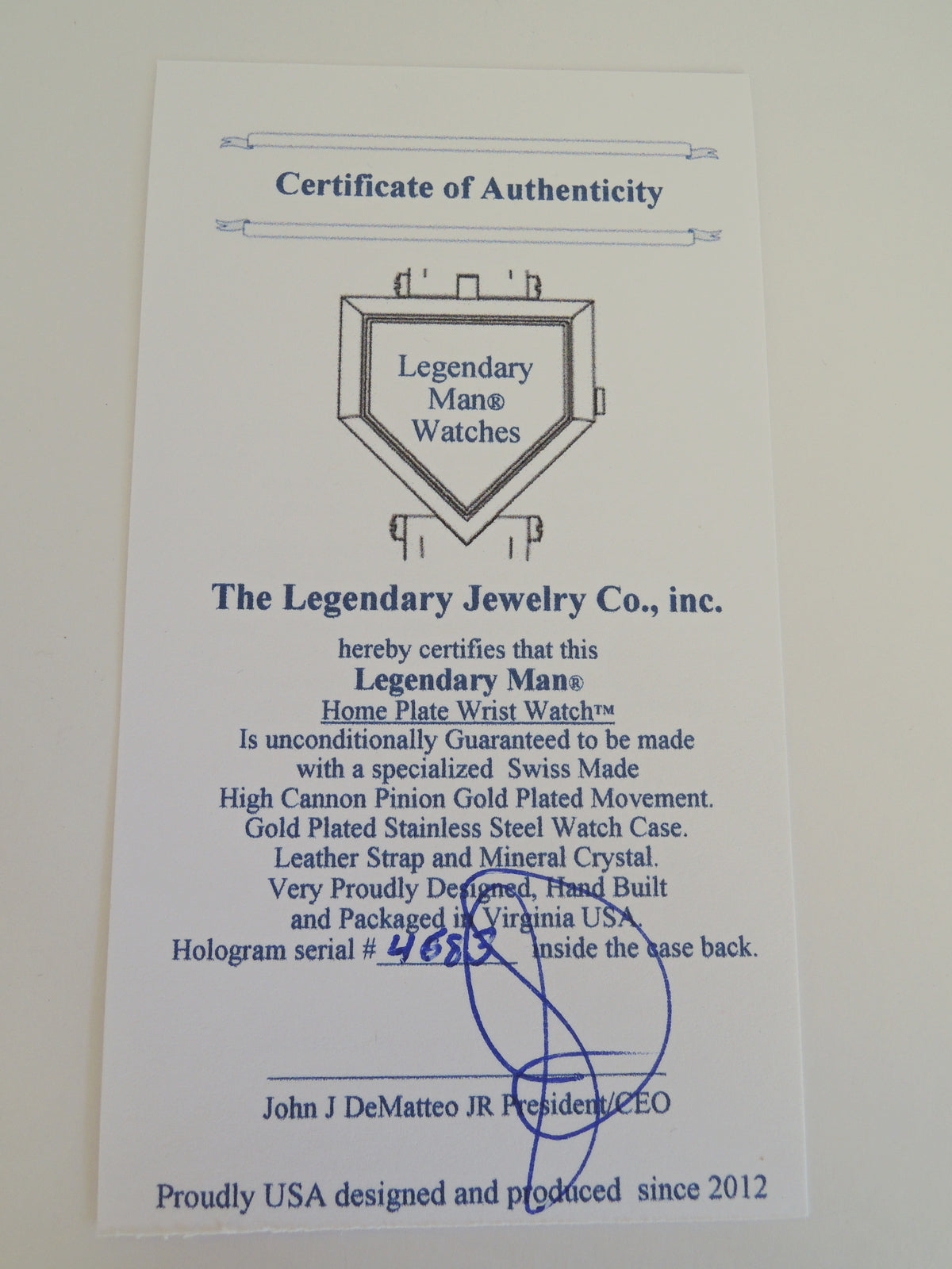 Legendary Man® Home Plate Wrist Watch, Designed and cased in USA Swiss Movement