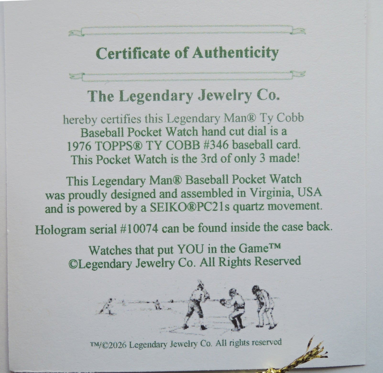 Ty Cobb Baseball pocket watch by Legendary Man, 1973 Topps #346 card dial 3 of 3